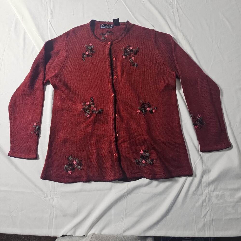 Vintage Laura Scott Petite Large Red Cardigan Floral Knit Sweater